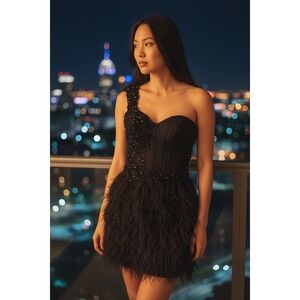 Tony Bowls Womens One Shoulder Beaded Feather Cocktail Dress 8 Holiday Formal